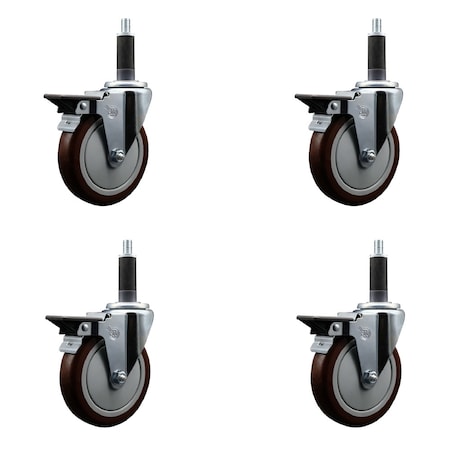 Service Caster 5'' Maroon Poly Swivel 1'' Expanding Stem Caster Set with Brake, 4PK SCC-EX20S514-PPUB-MRN-PLB-1-4